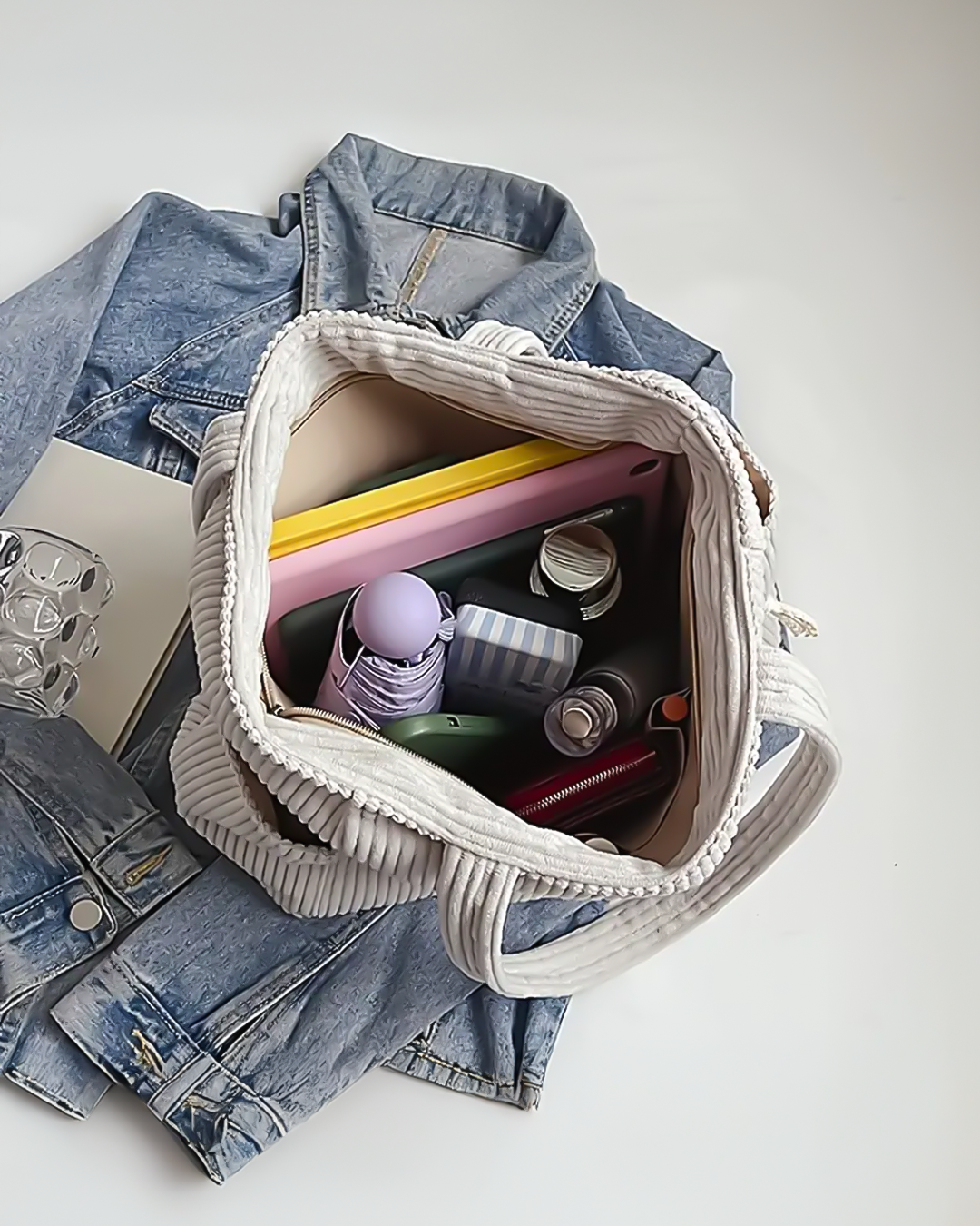 Tilda – Ribbad bärkasse med snodd-detalj